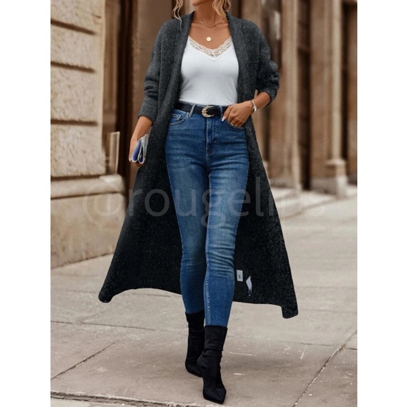 Charcoal Grey Duster Shawl Cardigan Knit Long Open Long Sleeve - Picture 4 of 9